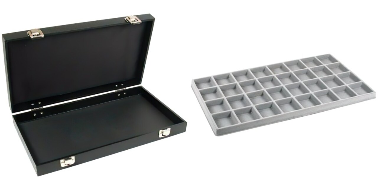 Black Jewelry Case (2xMetal Clasps & Removable Lid) w/ Gray 32-slot Plastic Tray